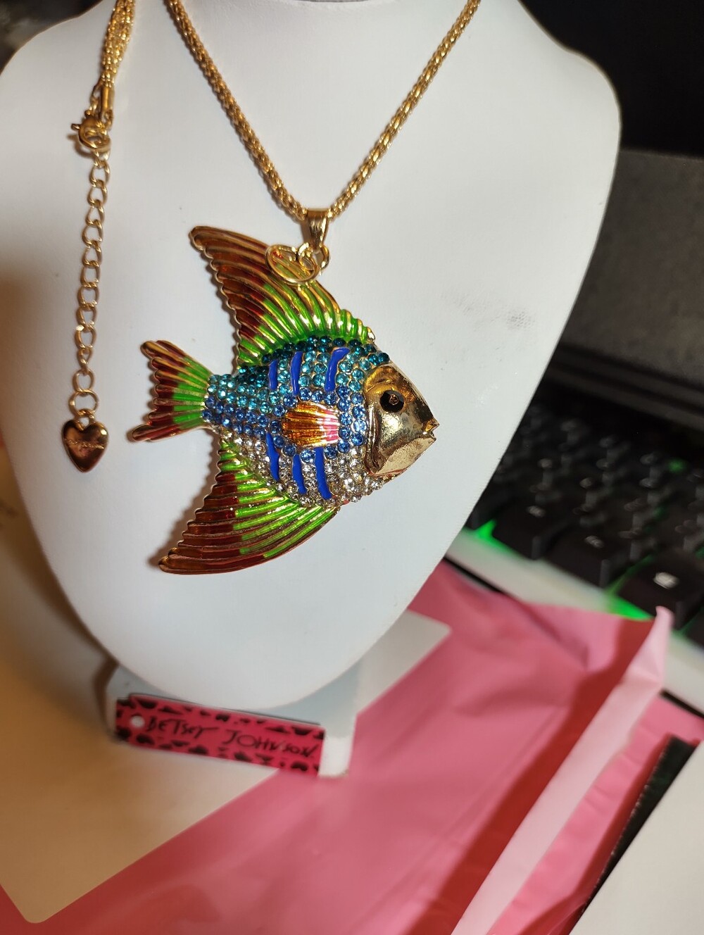 Betsey Johnson Gold Tone Fish Pendant Necklace with Blue & Green Enamel - Picture 1 of 3
